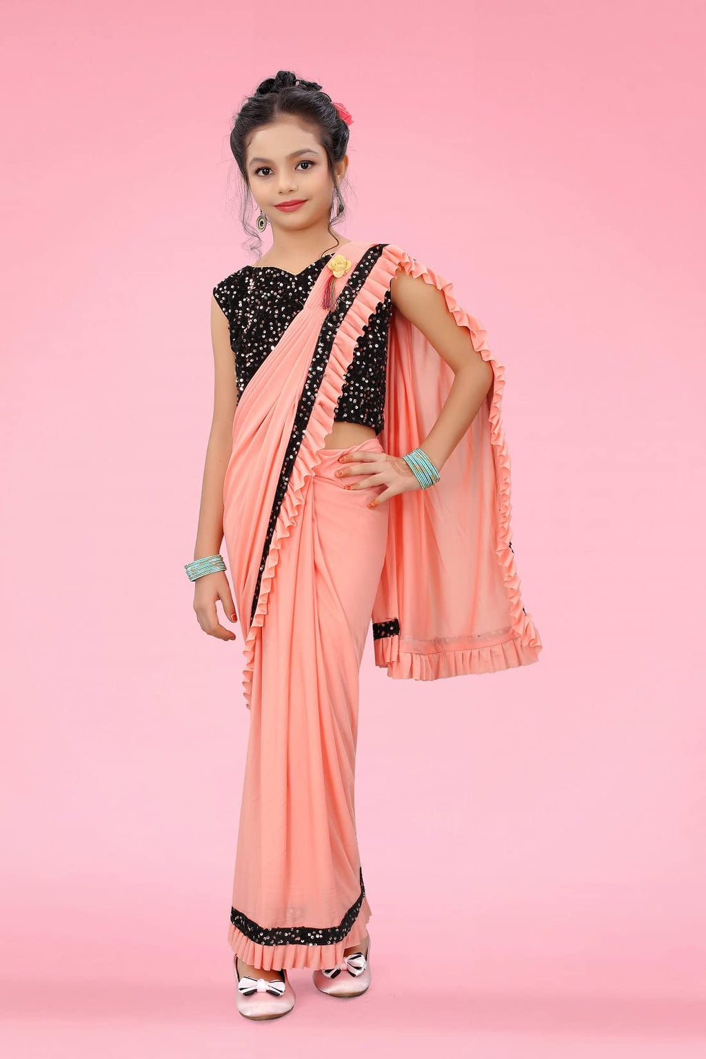 Dhyey Fashion Girls Lycra Blend Ruffle Pattern Saree With Velvet Unstitched Blouse Piece