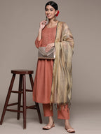 Anubhutee Women'S Viscose Rayon Rust Ethnic Motifs Self Design Straight Kurta Suit Set With Pants And Dupatta