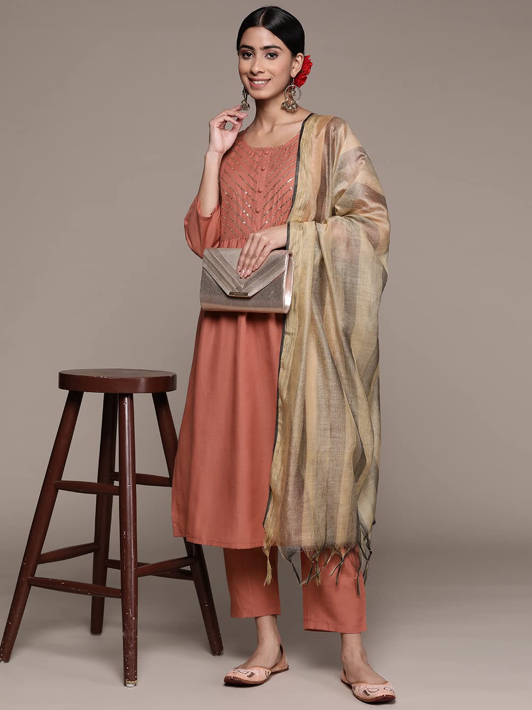 Anubhutee Women'S Viscose Rayon Rust Ethnic Motifs Self Design Straight Kurta Suit Set With Pants And Dupatta