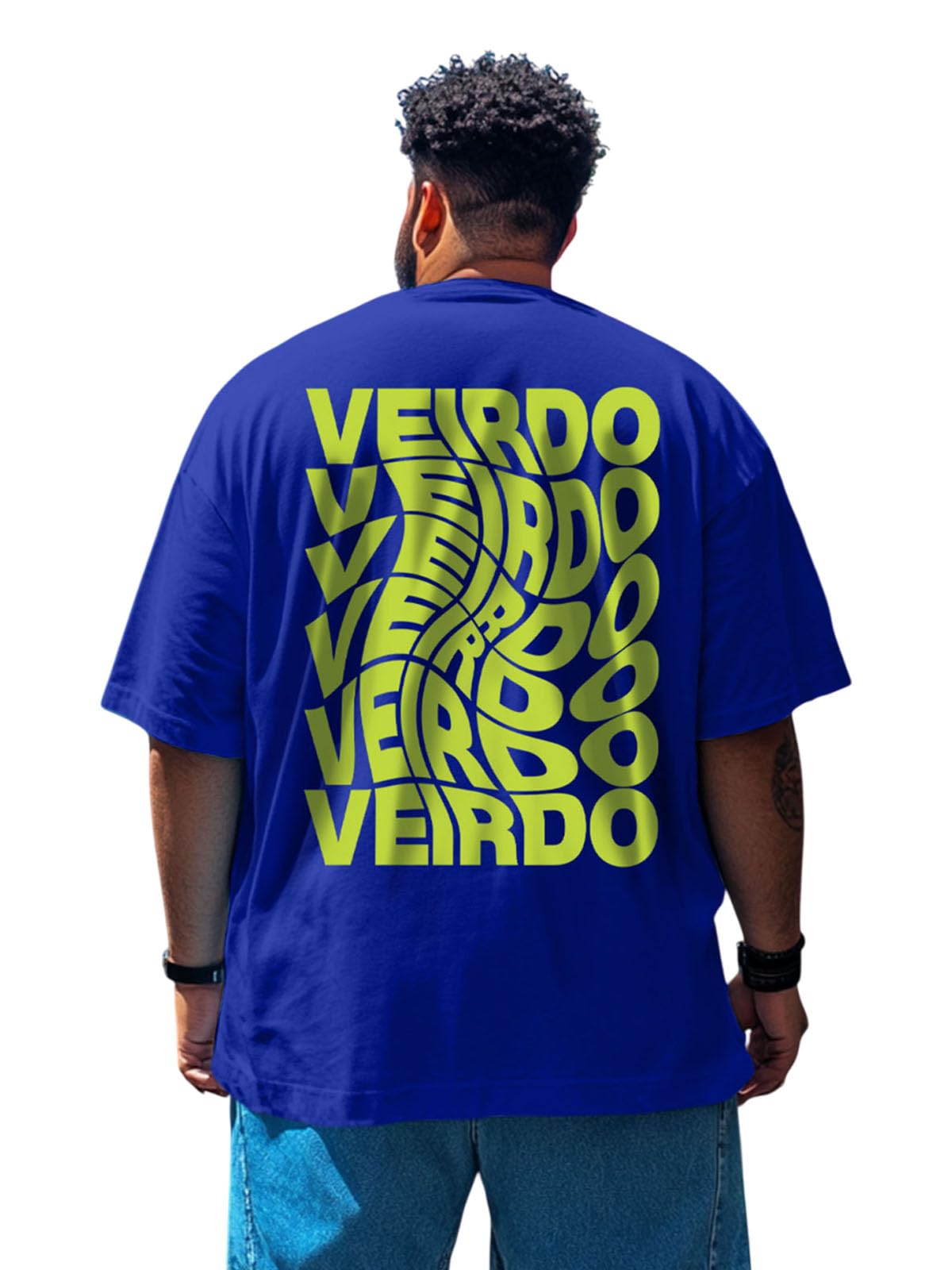 Veirdo Men's 100% Cotton Oversized Baggy Fit Drop Shoulder Back Typographic Printed T-Shirt Royal Blu