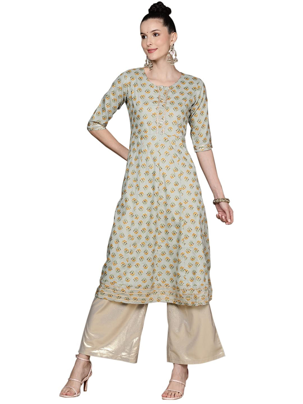 Anubhutee Women'S Rayon Green Gota Patti Floral Printed A-Line Kurta