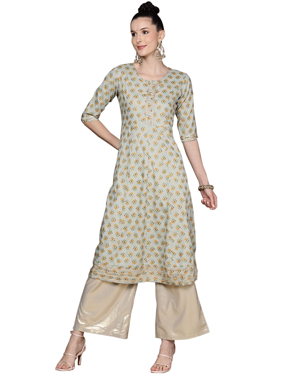 Anubhutee Women'S Rayon Green Gota Patti Floral Printed A-Line Kurta