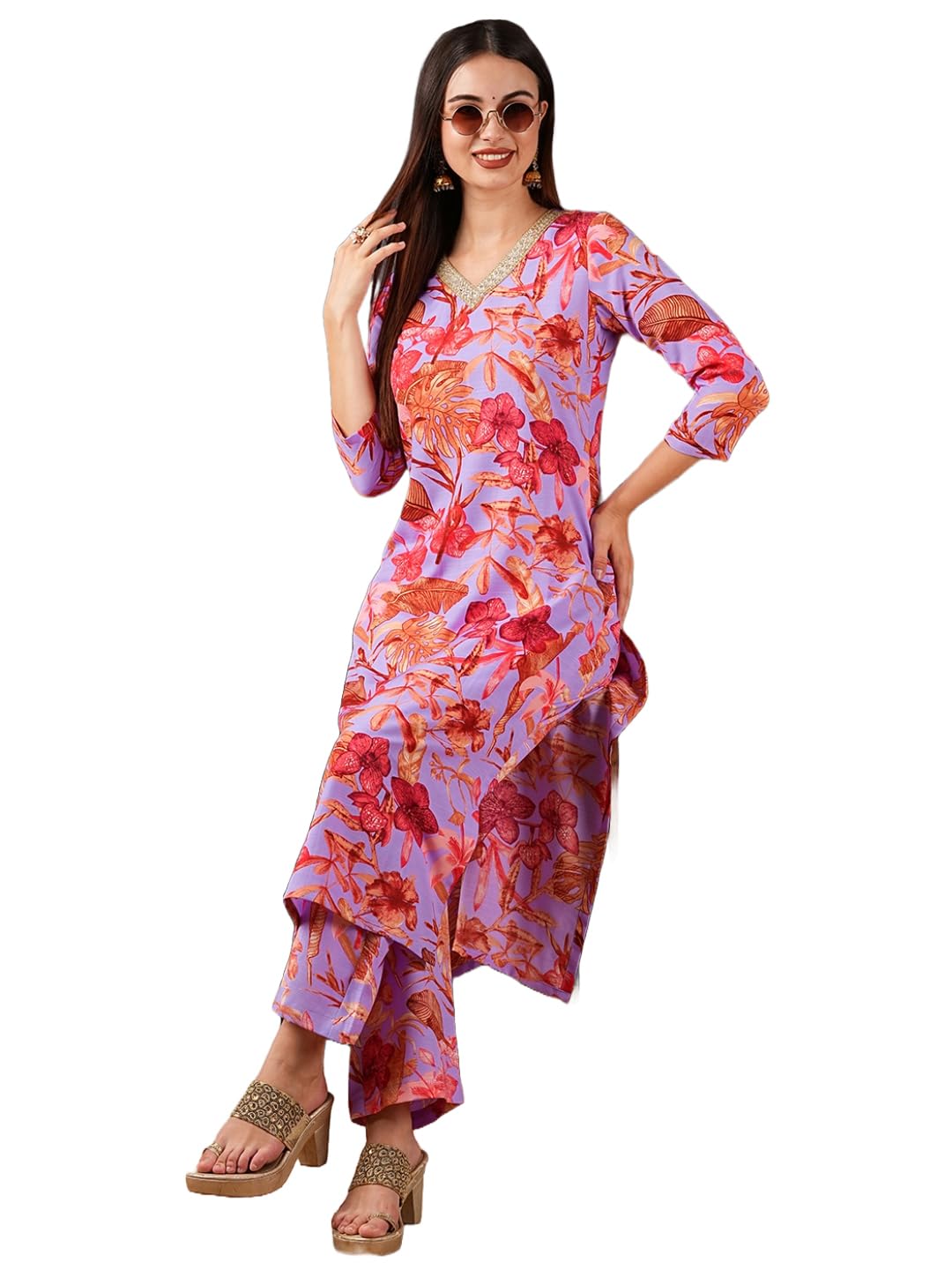 ANNI DESIGNER Womens Cotton Blend Straight Printed Kurta with Palazzo (Chinki Purple_M_Purple_Medium)