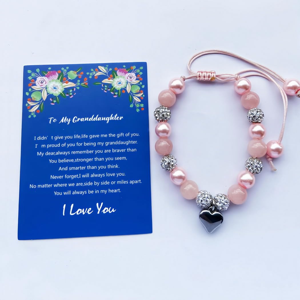 DOLON Pink Beaded Rhinestone Heart Charm Granddaugther Bracelet Adjustable Jewelry Back to School Birthday Christmas Holiday Gif