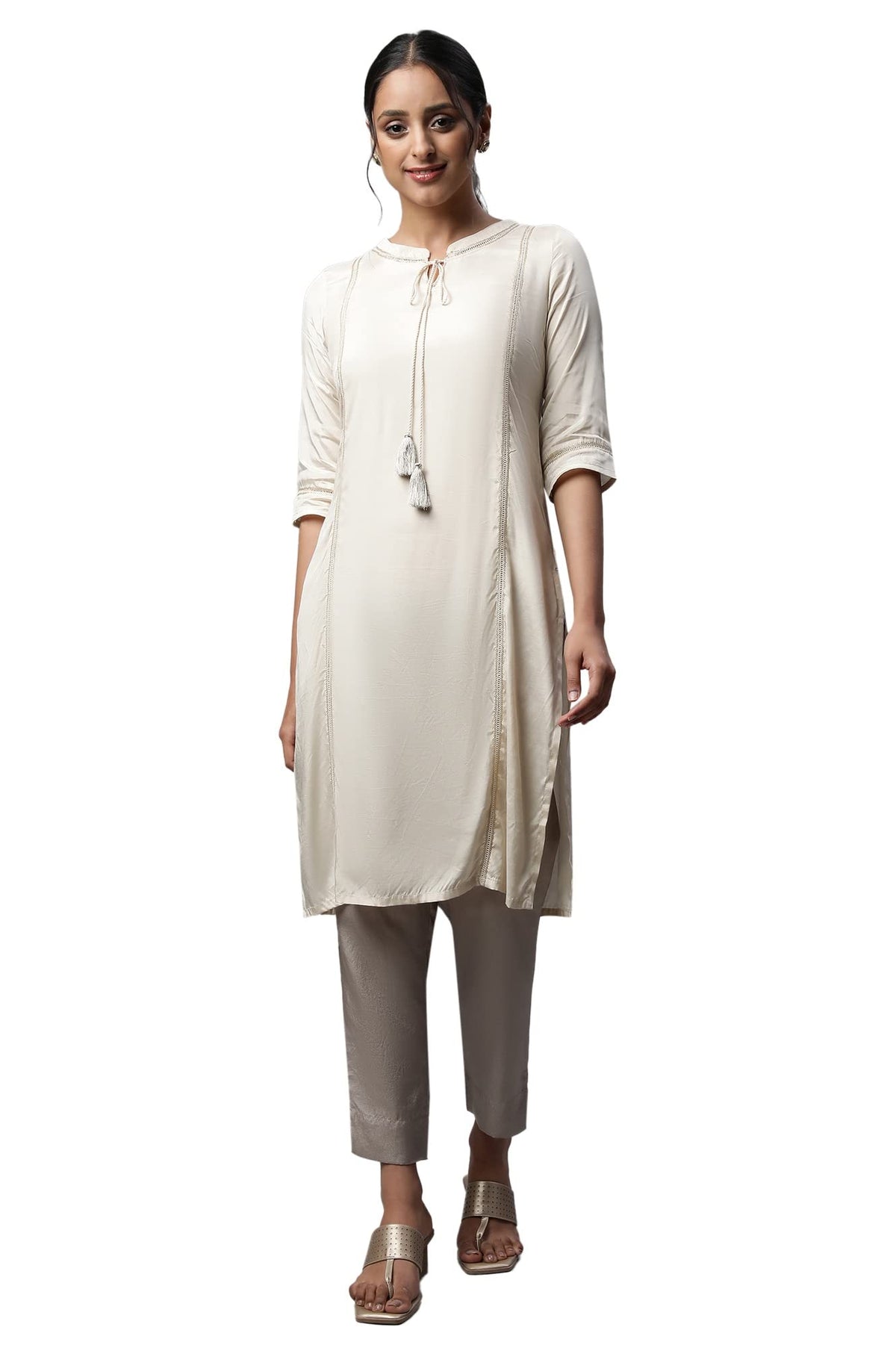 Aurelia Womens Rayon Regular Off White Shantung Solid Kurta (23FEA13942-605337