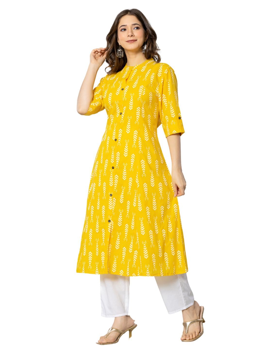 rytras Womens Cotton Printed A-Line Kurta(RYT575,Yellow,M)