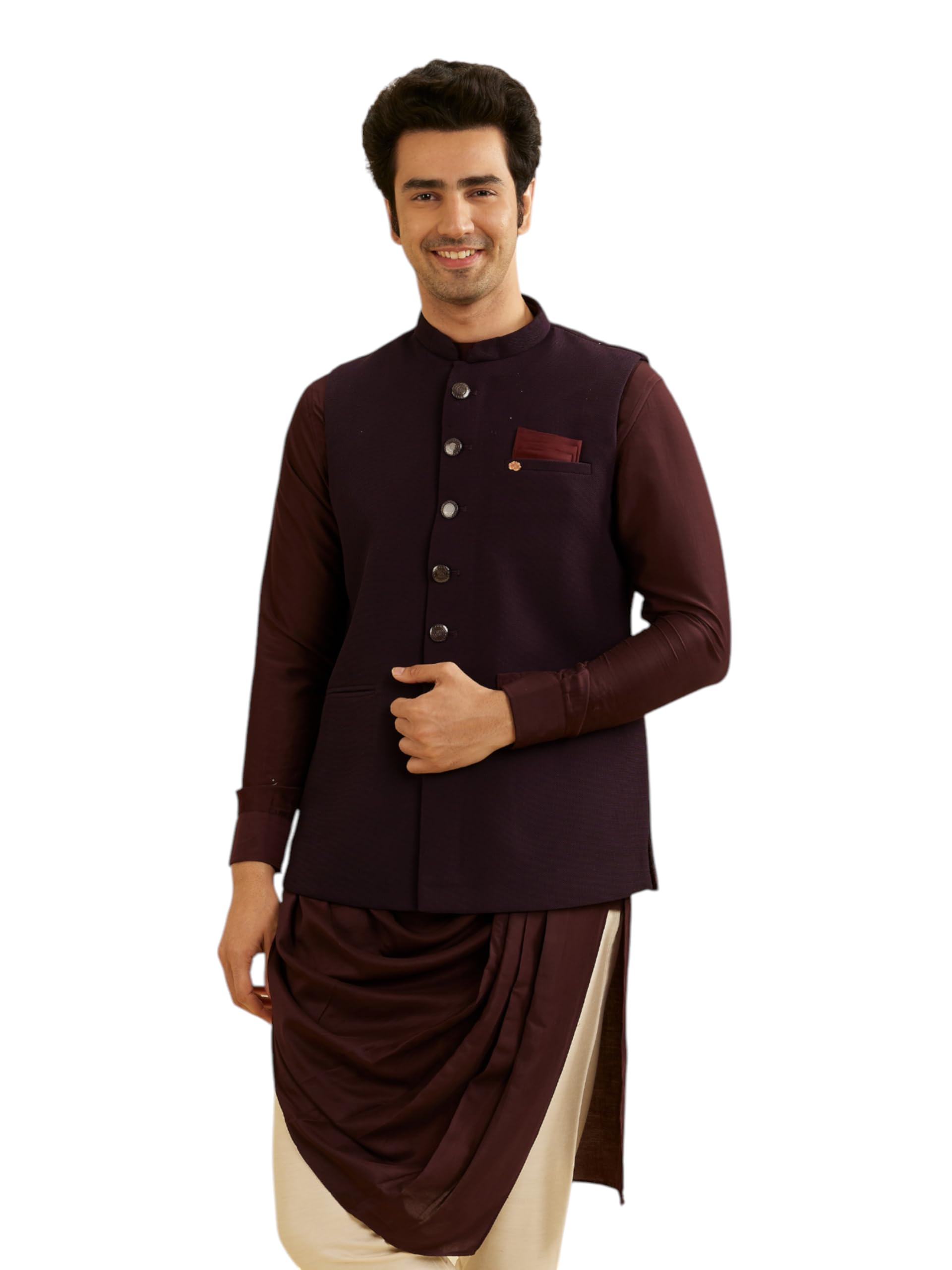 Manyavar MenS Self Textured Plain Ethnic Jacket (Purple,M)