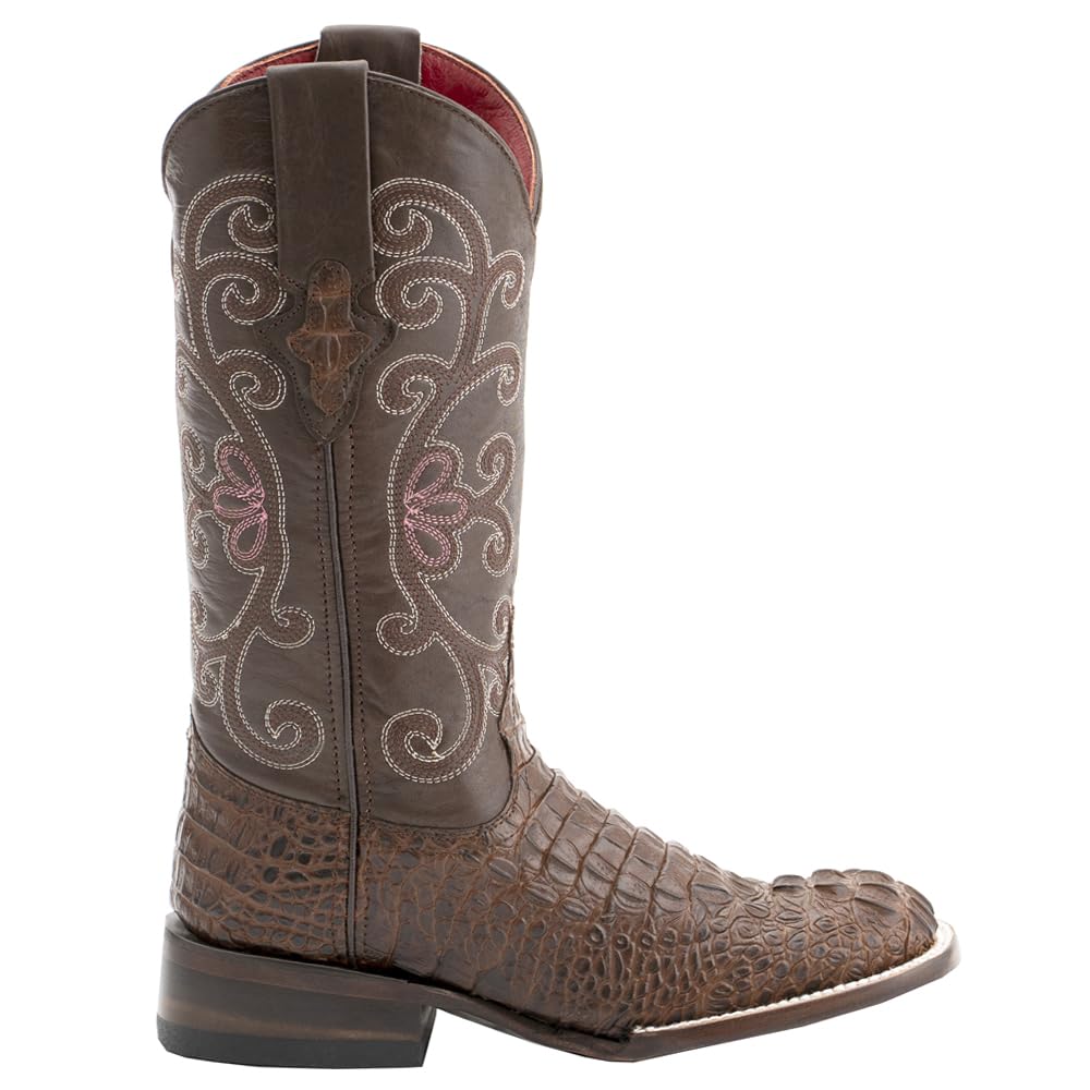 Ferrini 9039323100B Ladies Print Caiman Square Toe Sport Rust- Chocolate Boots 10B