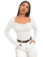 Shasmi Womens & Girls White Full Sleeve, Sweat Hear Neck, Frill Trim Ruched Crop Top for Women, Tops, Slim Fit T-Shirts for Gi