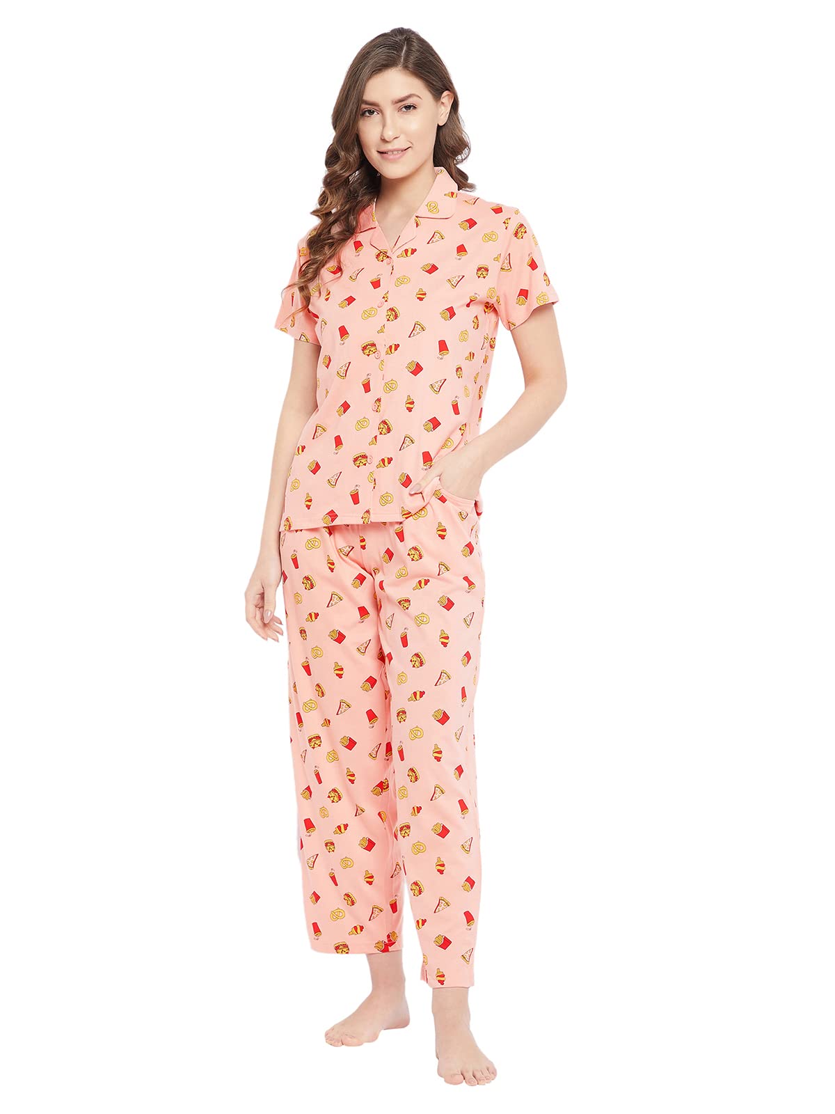 Clovia WomenS Cotton Printed Button Down Shirt & Pyjama Set (Ls0025U22_Pink_Xxl)