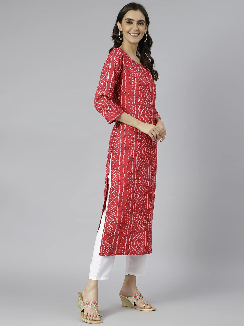 ANNI DESIGNER Womens Cotton Blend Straight Printed Kurta (Bandhani AMD Red_S_Red_Small)