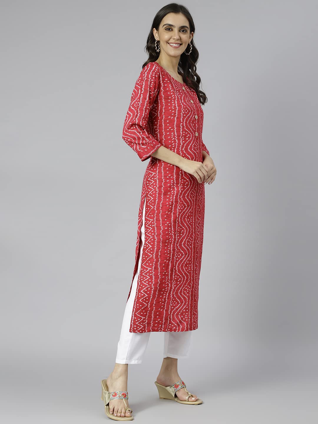 ANNI DESIGNER Womens Cotton Blend Straight Printed Kurta (Bandhani AMD Red_S_Red_Small)