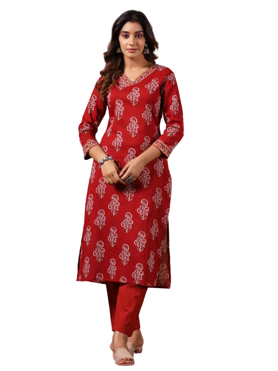 Anubhutee Women'S Maroon Ethnic Motifs V-Neck Straight Kurta