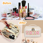 JOINDO Large Capacity Travel Cosmetic Bag, Chenille Letter Preppy Makeup Bag, PU Leather Open Flat Toiletry Bag Organizer with D