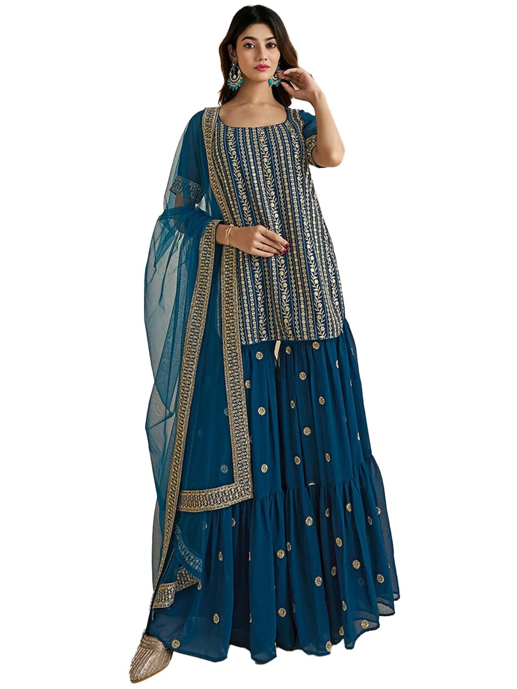 Fashion Basket Georgette Embroidered Kurta Set For Women Turquoise