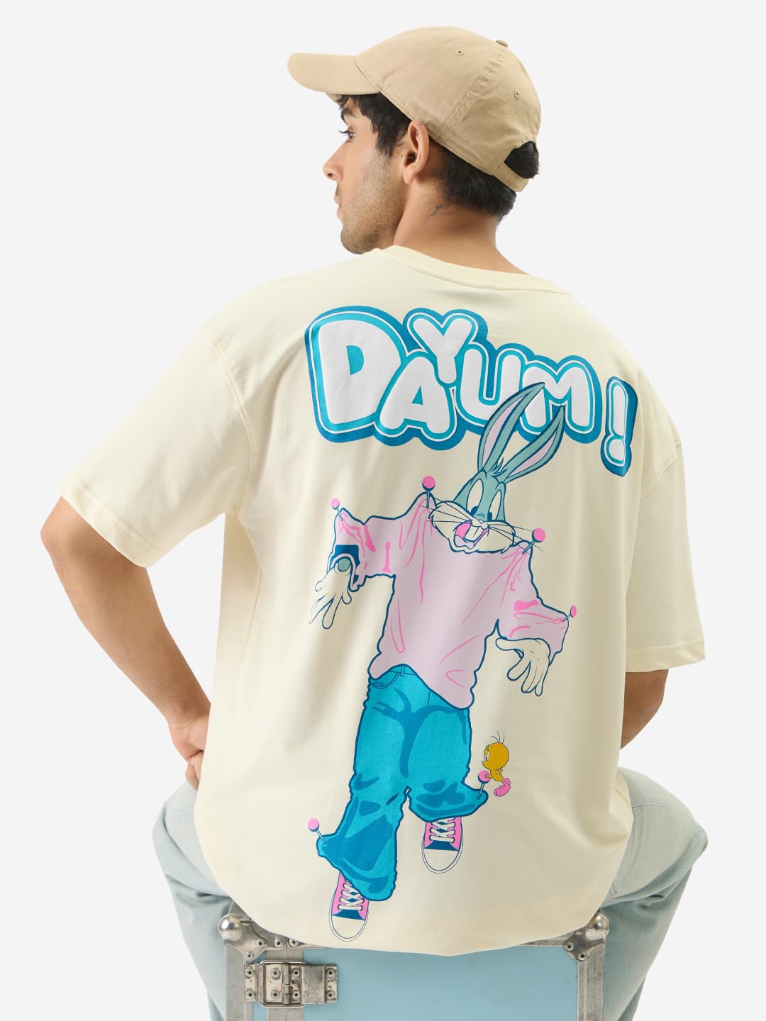 The Souled Store Official Bugs Bunny: Dayum Men and Boys Short Sleeve Round Neck Off White Graphic Printed Cotton Oversized Fit