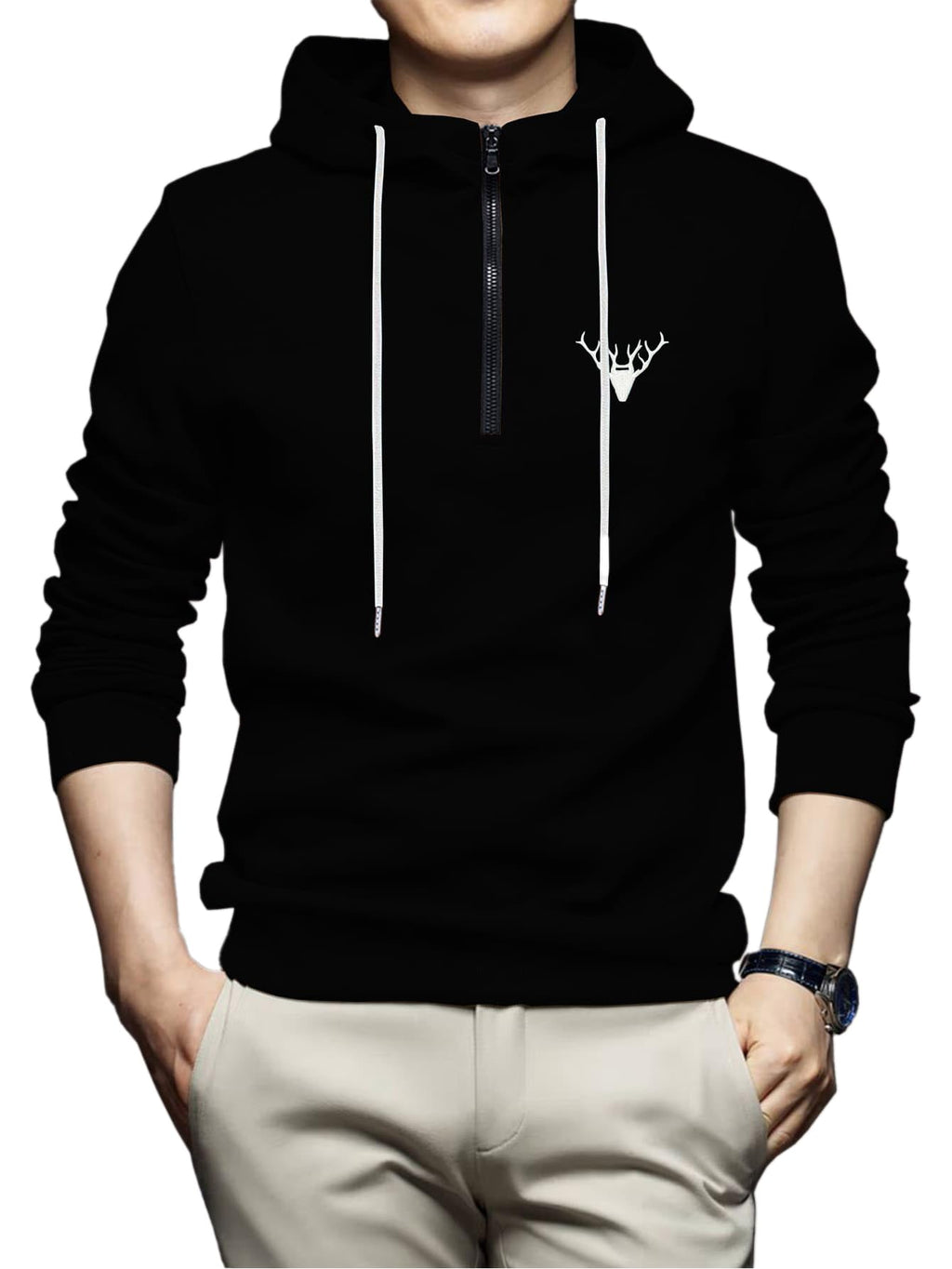 TOPLOT Mens Woolen Blend Solid Hoodie with Hooded Neck (Zip-Hoodie-5146-Black-L)
