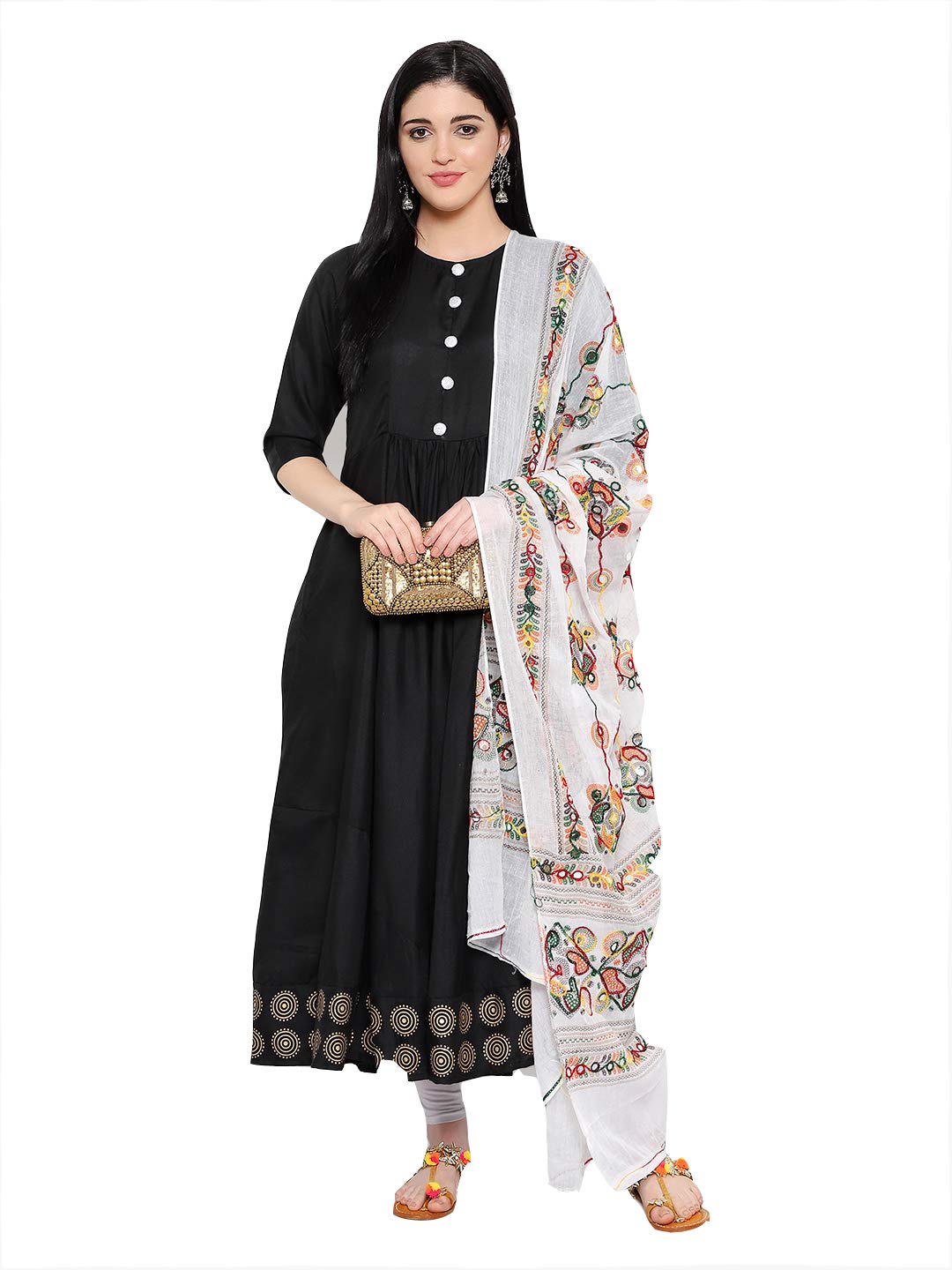 Om Sai Latest Creation Women Slub Rayon Red Half Sleeve Designer Kurti With Dupatta (Black, Medium)