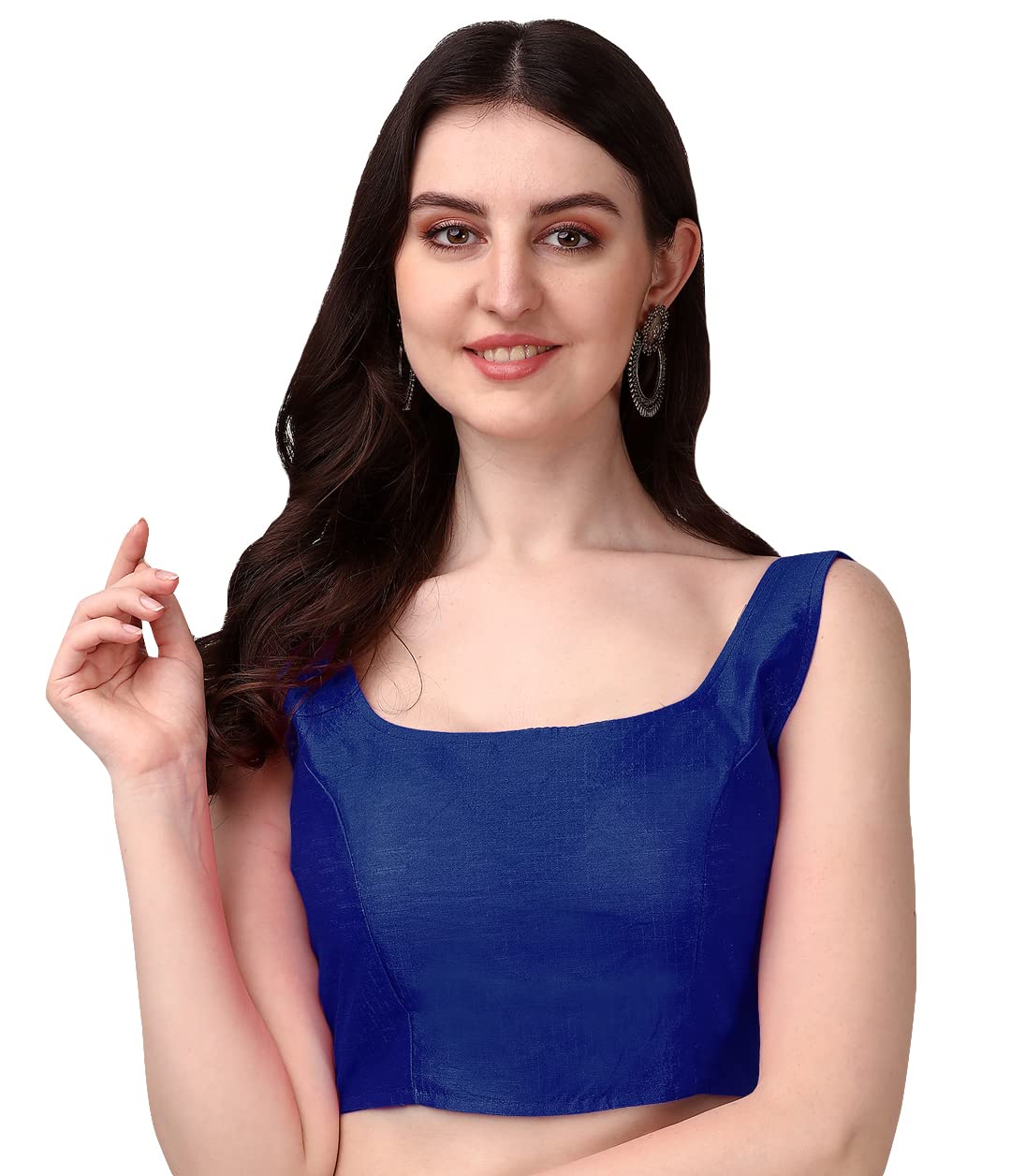 Pujia Mills Womens Deep Neck Silk Sleeveless Readymade Blouse (Sando_Navy Blue_38)
