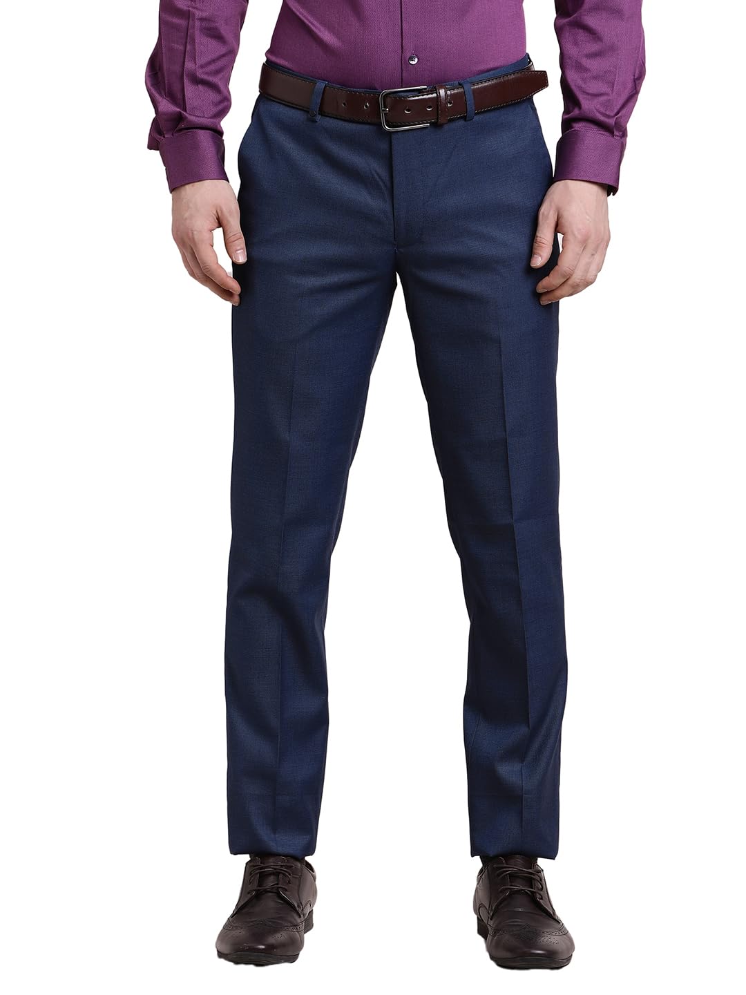 Turtle Men Blue Slim Fit Dobby Flat Front Terry Rayon Formal Trouser