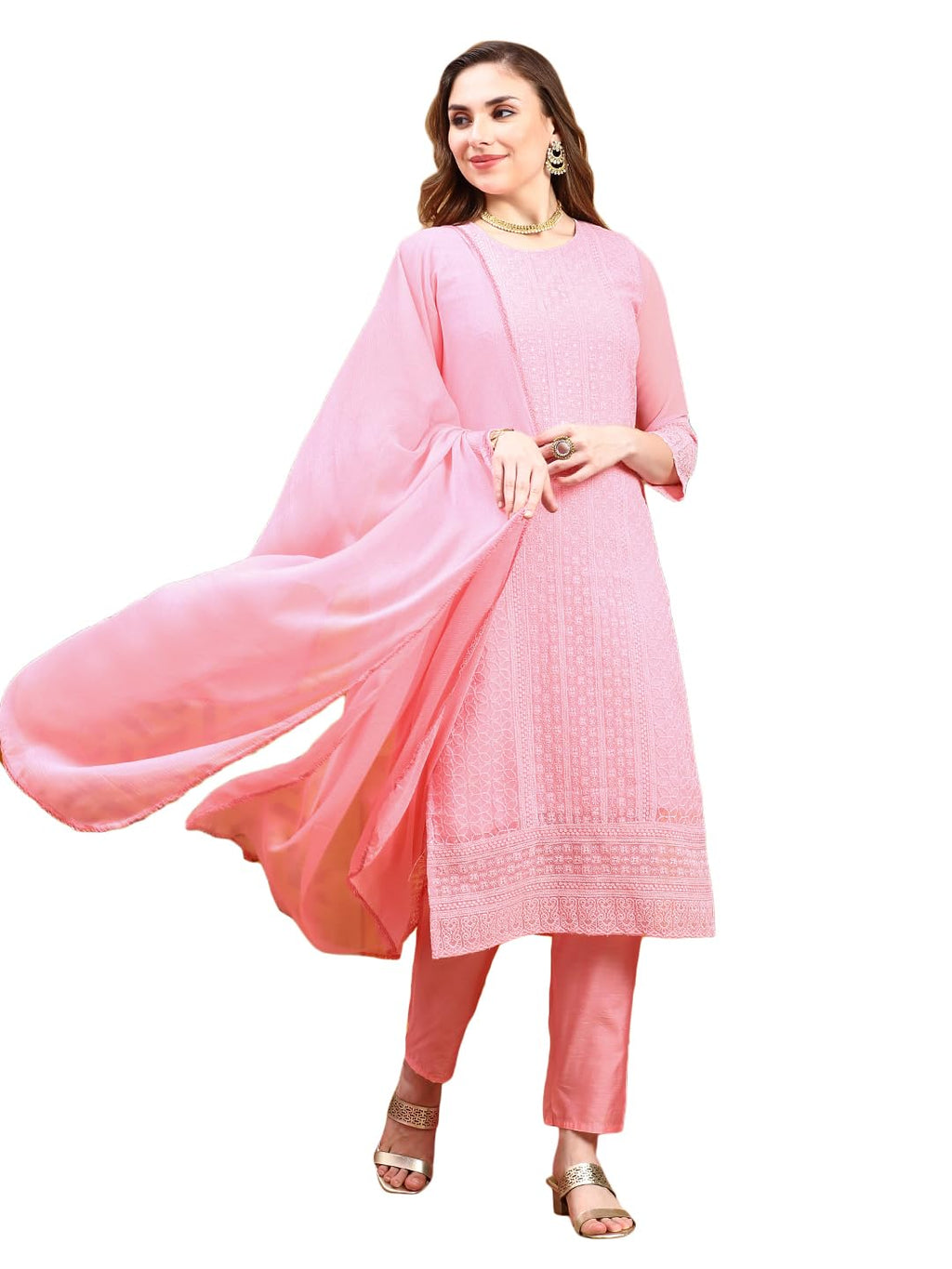 Ishin Women Pink Ethnic Motifs Embroidered Regular Chikankari Kurta With Trousers & With Dupatta