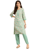 Rangita Women Rayon Mint Green Floral Printed Knee Length Straight Kurta With Pant Set