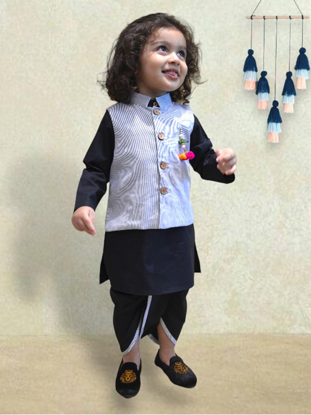 A.T.U.N. (ALL THINGS UBER NICE) Boys Ethnic Wear Black Navy Pinstripe Cotton Dhoti Kurta with Linen Jacket Set (3 Piece Set)