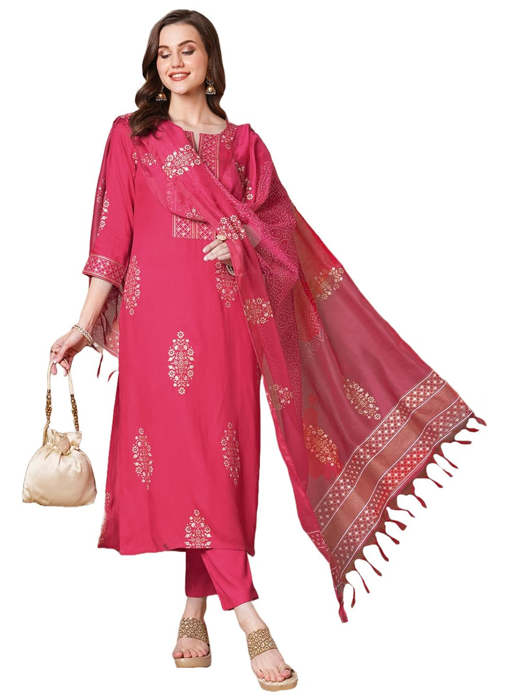 ANNI DESIGNER Ladies Rayon Printed Kurta with Trousers, pink, XL