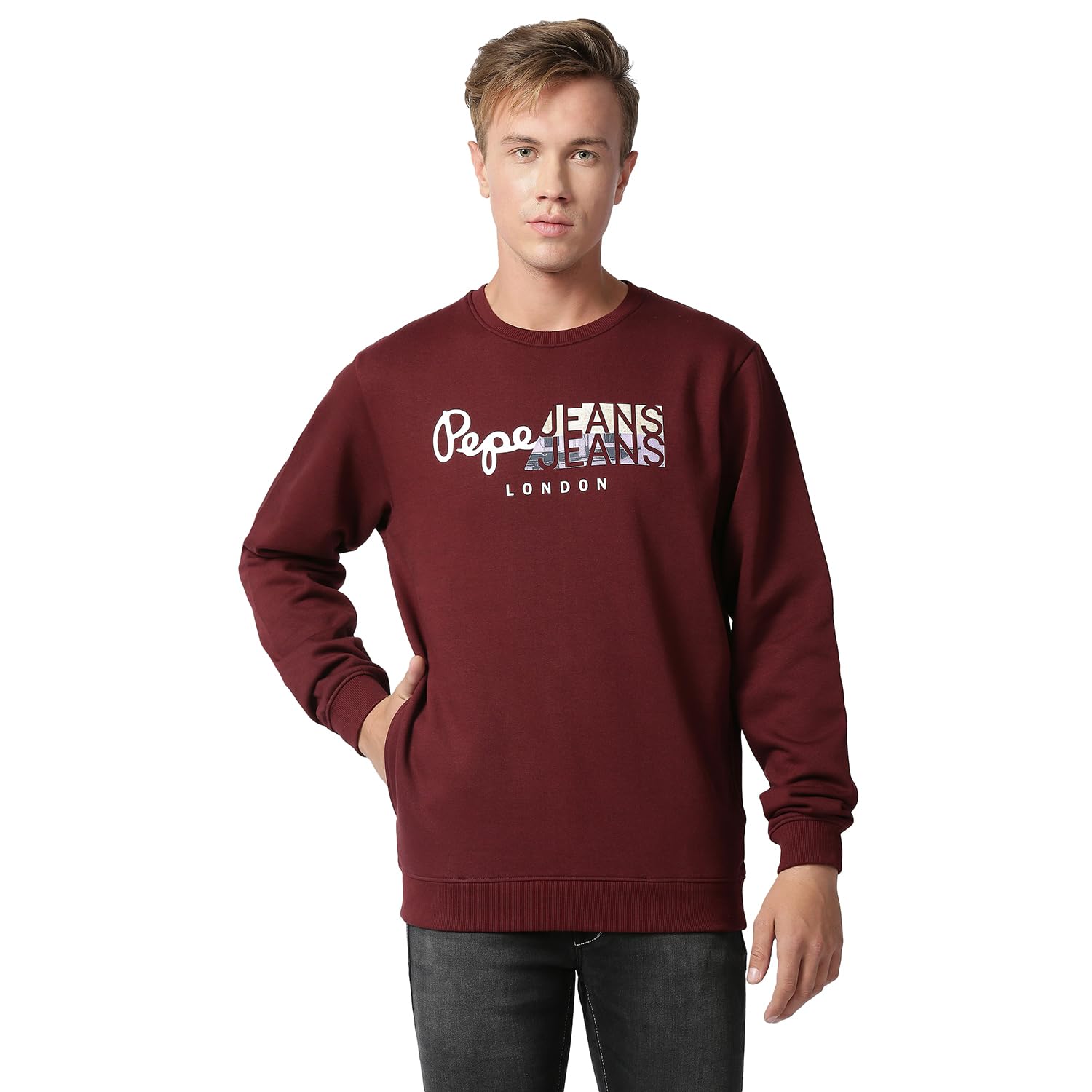 Pepe Jeans Mens Cotton Blend Round Neck Pierson Graphic Printed Regular Sweatshirt, Burgundy,L