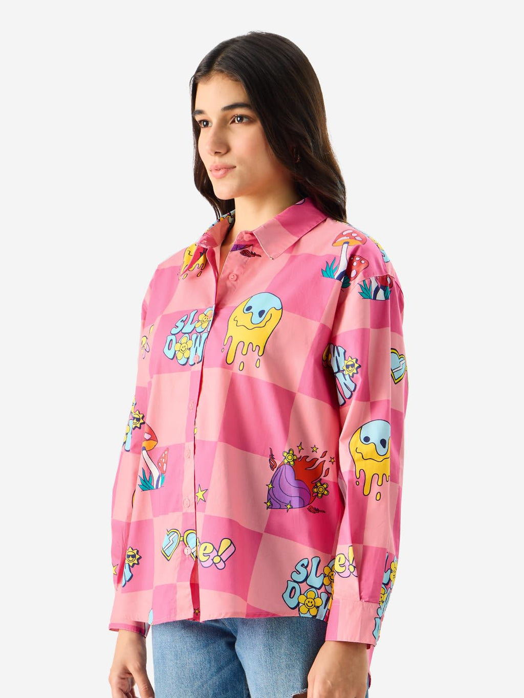 The Souled Store Slow Down Long Sleeve Collared Button Down All Over Print Oversized Fit Cotton Boyfriend Shirt for Women & Girl