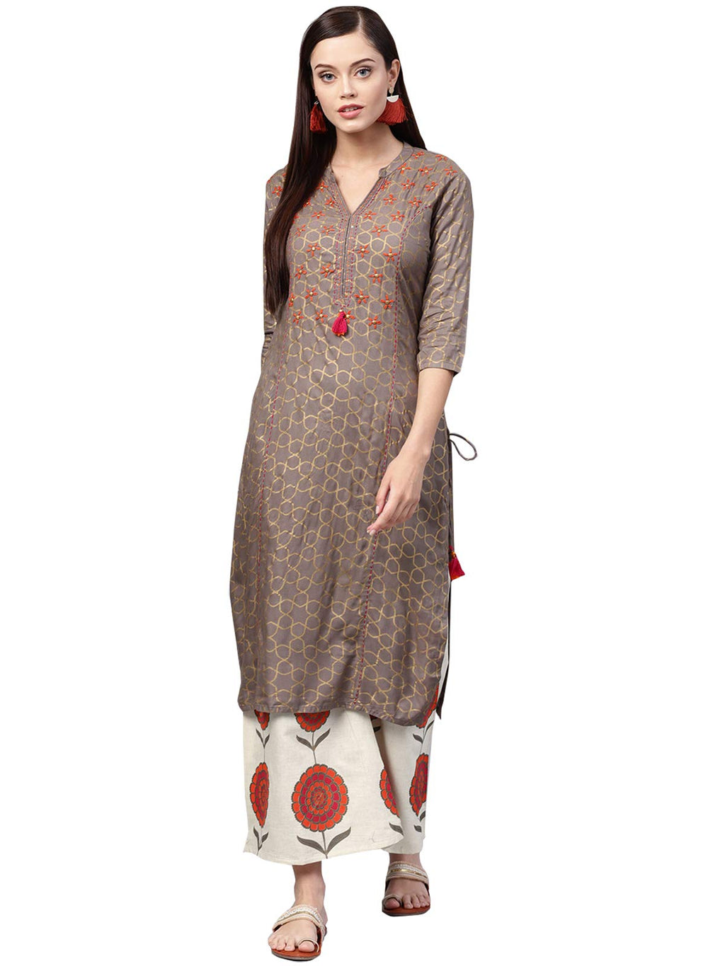 Ishin Women'S Rayon Grey & Off White Embroidered A-Line Kurta Set With Palazzo