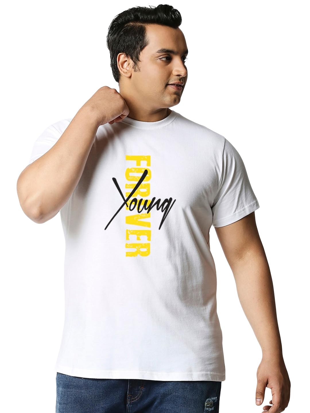 Bewakoof Plus Size Mens Young Forever Side Typography Cotton T-Shirt- Regular Fit, Round Neck, Half Sleeves 472958_White_6XL