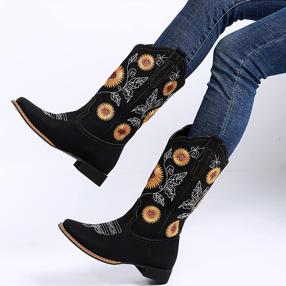 gloryinterest Cowboy Boots for Women Mid Calf Cowgirl Western Boots Sunflower Embroidery Stitched Square Toe Low Heel Black Brow