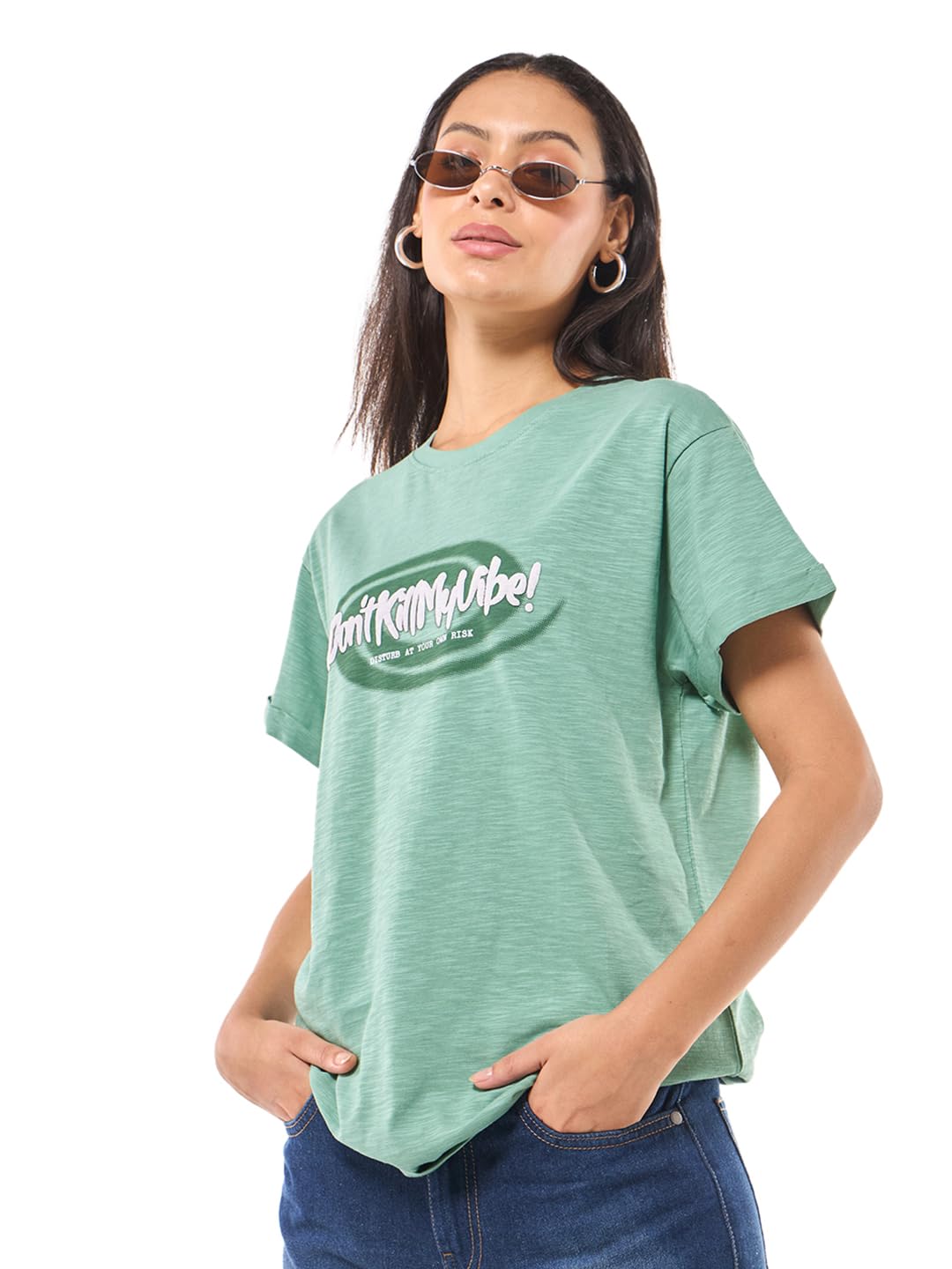 Bewakoof Air 1.0 Womens Typography Boyfriend Fit Half Sleeve Round Neck Cotton Slub T-Shirt_645140_Green_L
