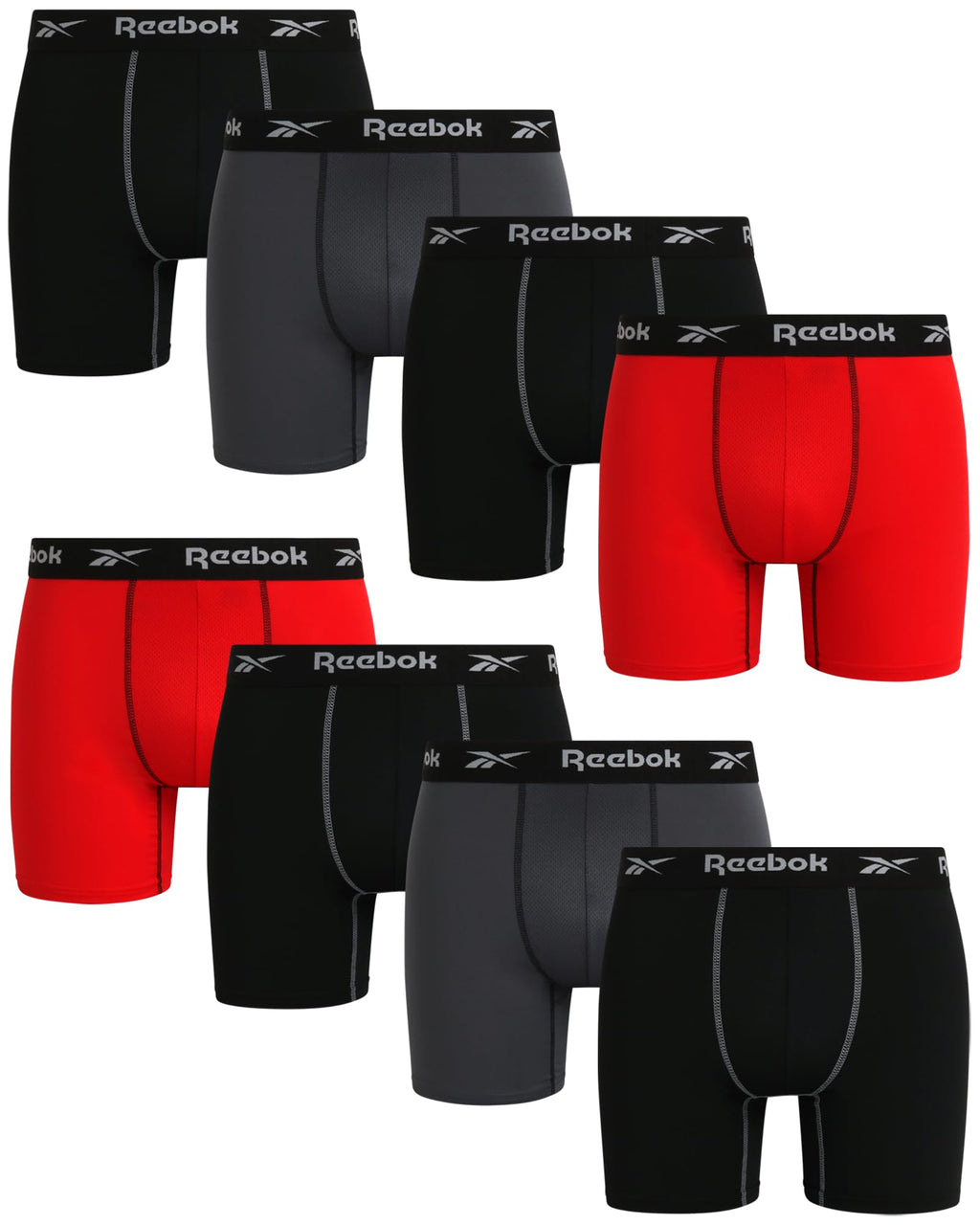 Reebok Men's Underwear - Performance Boxer Briefs (8 Pack), Size X-Large, BlackRedGrey