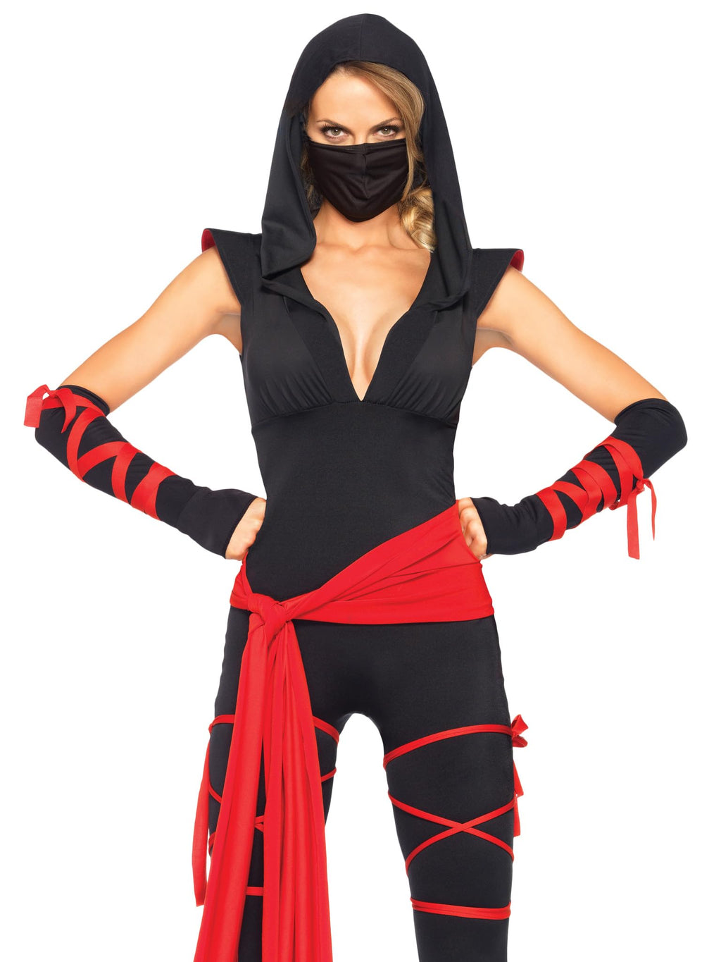 Leg Avenue 4 Piece Deadly Ninja Set - Hooded V Neck Jumpsuit and Mask Halloween Costume for Women, Black/Red, Large