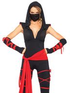 Leg Avenue 4 Piece Deadly Ninja Set - Hooded V Neck Jumpsuit and Mask Halloween Costume for Women, Black/Red, Large