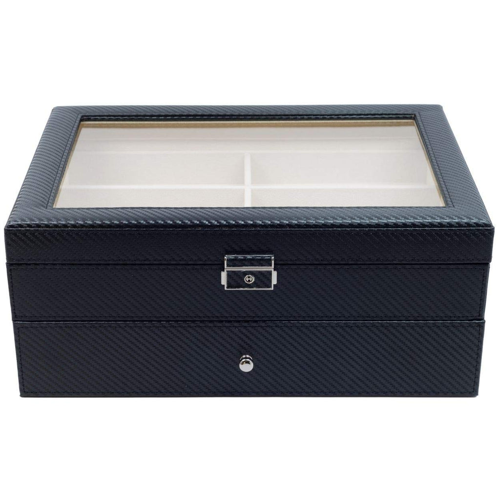 TimelyBuys 12 Piece Large Black Carbon Fiber Eyeglass Sunglass Two Level Glasses Display Case with Drawer Storage Box