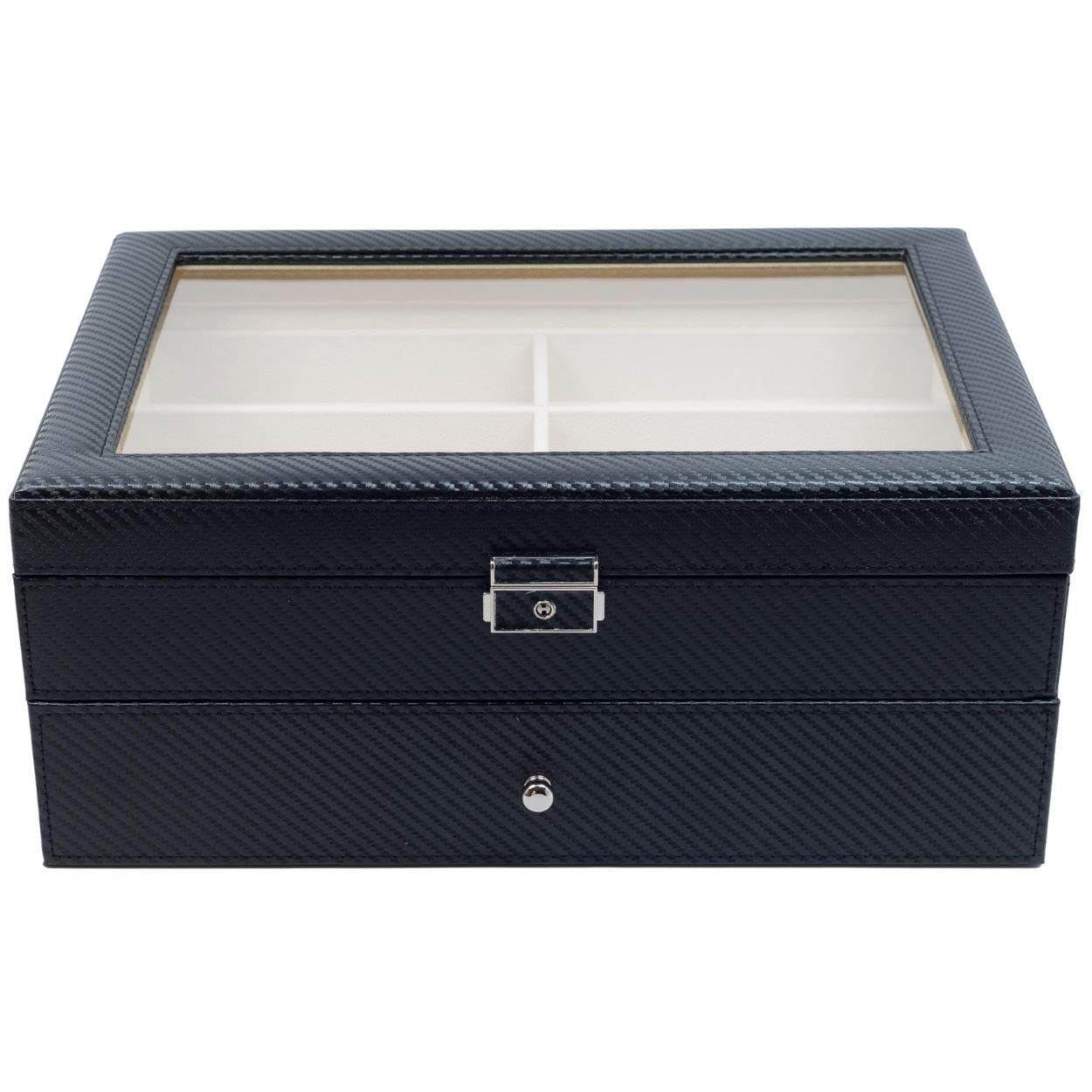 TimelyBuys 12 Piece Large Black Carbon Fiber Eyeglass Sunglass Two Level Glasses Display Case with Drawer Storage Box