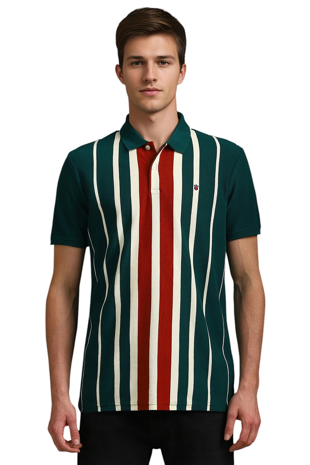 Louis Philippe Men Green Stripe Polo Neck T-Shirt