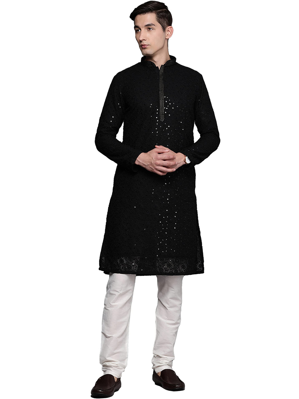 Manyavar Kurta Set For Men, Full Sleeves Mandarin Collar Ethnic Kurta Set For Engagement & Wedding, Party All Over Self Design K