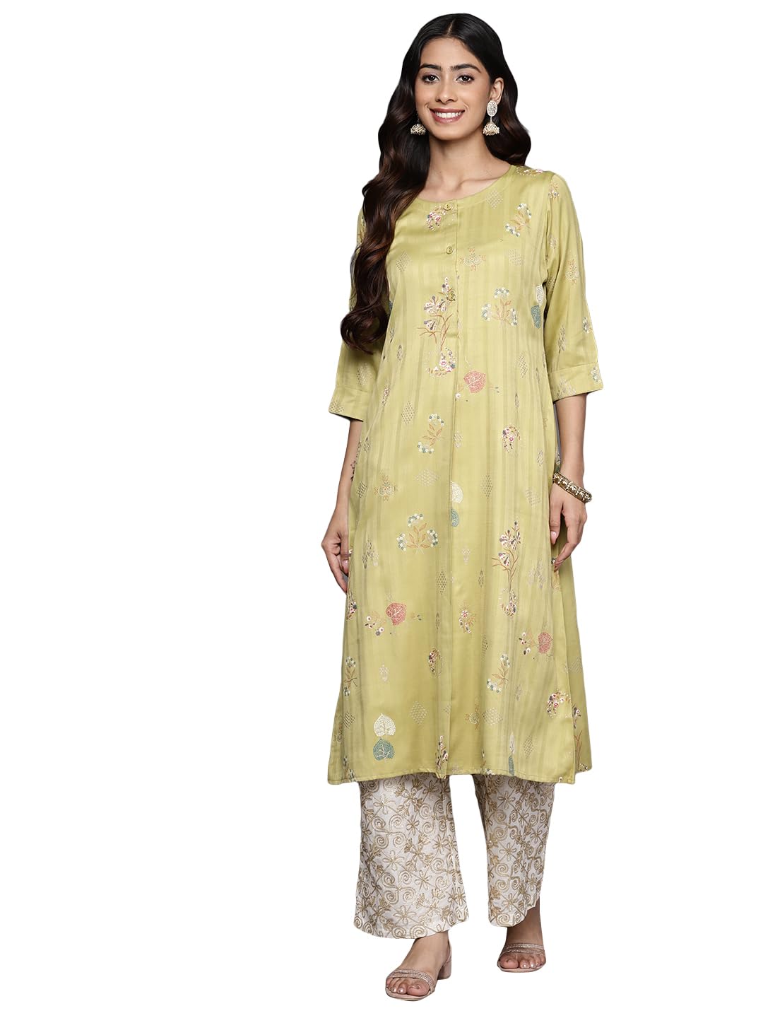 Libas WomenS Silk Printed A-Line Kurta (26452_Olive