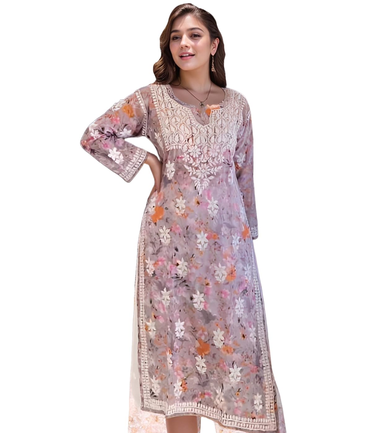 ANNI DESIGNER Women s Chikankari Viscose Rayon Embroidered Straight Kurta, grey, Medium