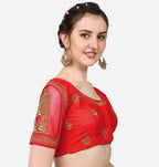 Pujia Mills WomenS Multicolor Temple Embroidery Net Back Sequence Khatli Work Sleeves Design Phantom Silk Readymade Saree Blous