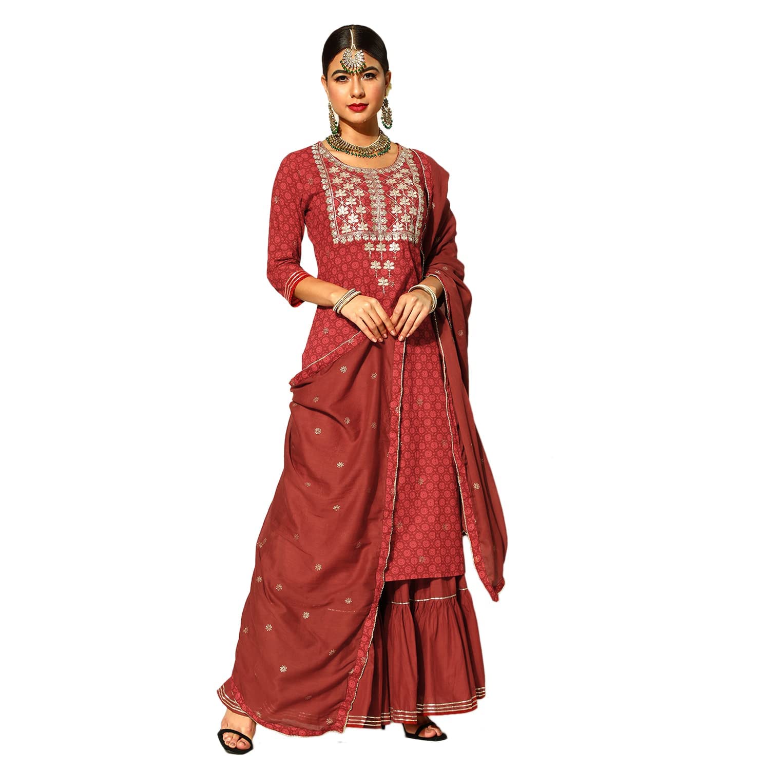 Ishin Women'S Maroon Embroidered A-Line Kurta Set With Sharara And Dupatta