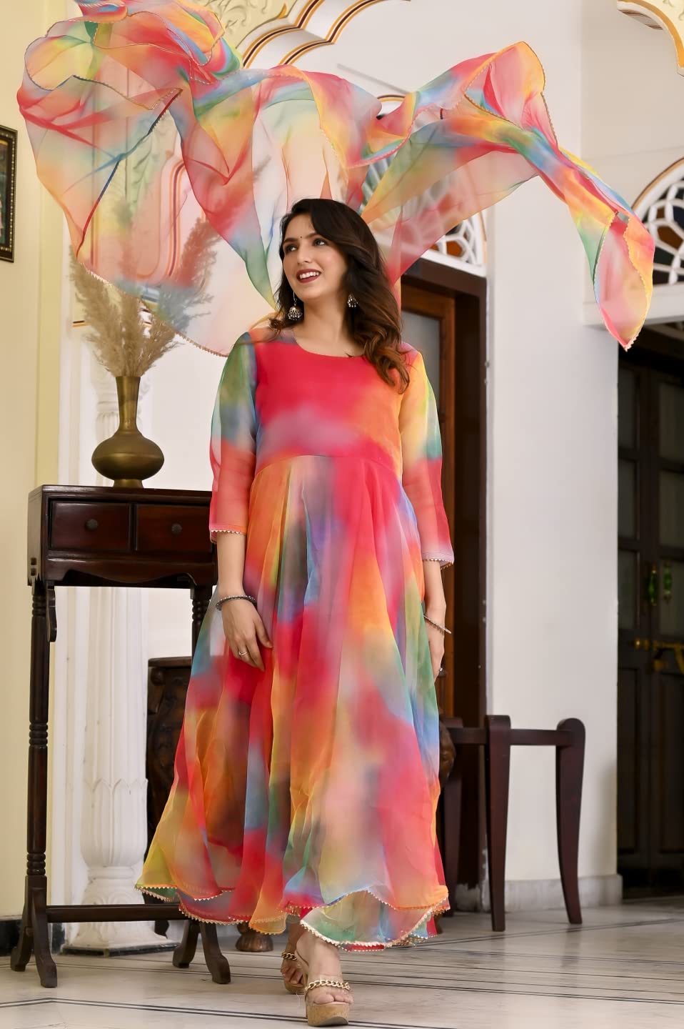 ANNI DESIGNER Womens Organza Anarkali Floral Printed Kurta with Pant & Dupatta (Chakrika-Multi-NW_M_Multi_Medium) Multicolour