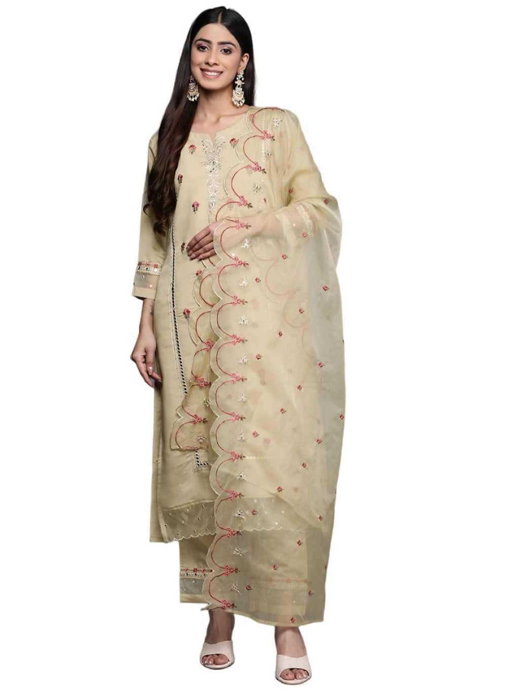 Varanga Women Beige Embroidered Kurta Paired With Tonal Bottom And Organza Dupatta