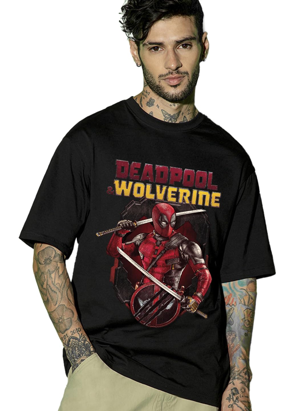 Bewakoof Official Marvel Merchandise Deadpool Mens Graphic Print Oversized Fit Half Sleeve Round Neck Cotton Jersey T-Shirt 645