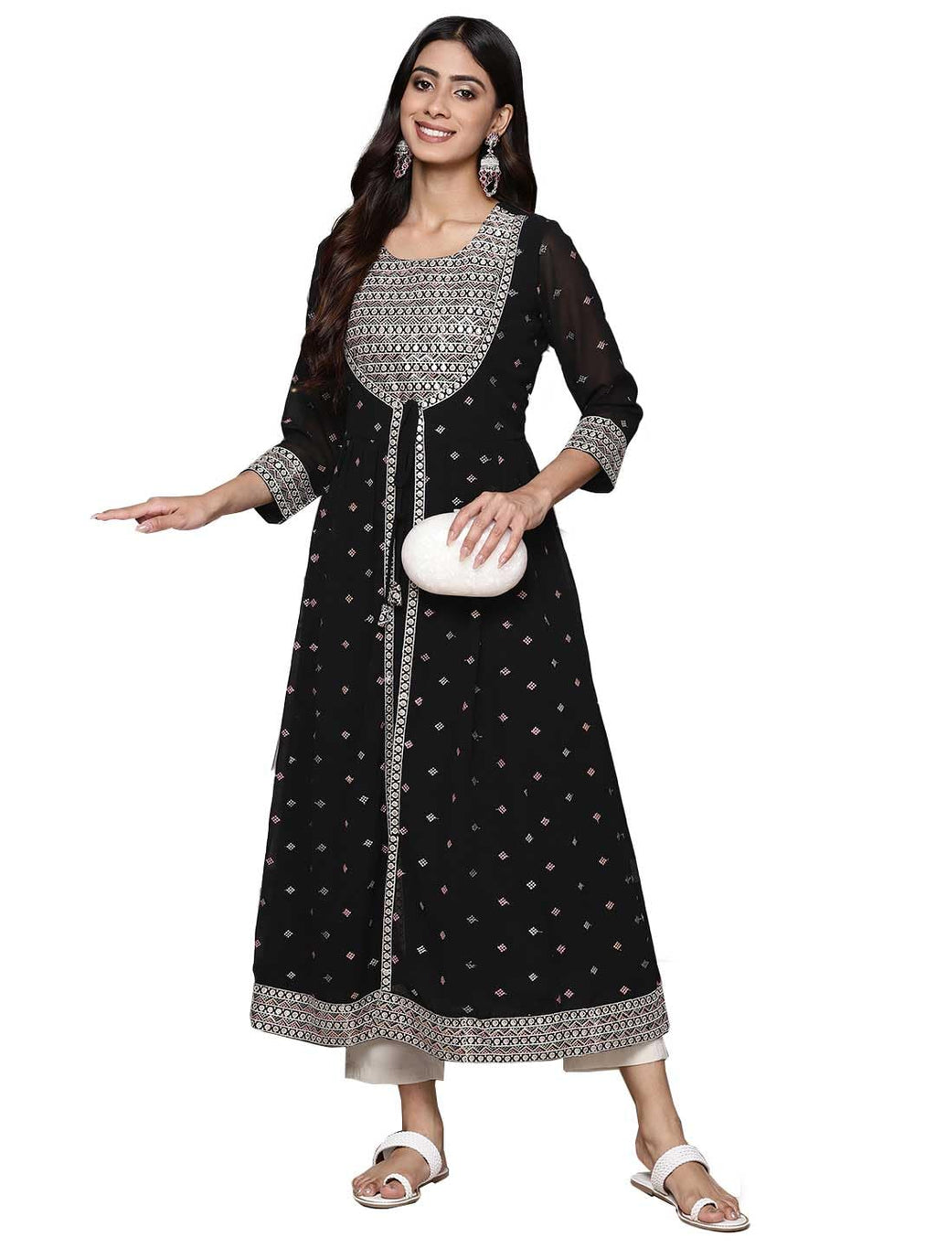 Ishin Women'S Georgette Ethnic Motifs Black Anarkali Kurta