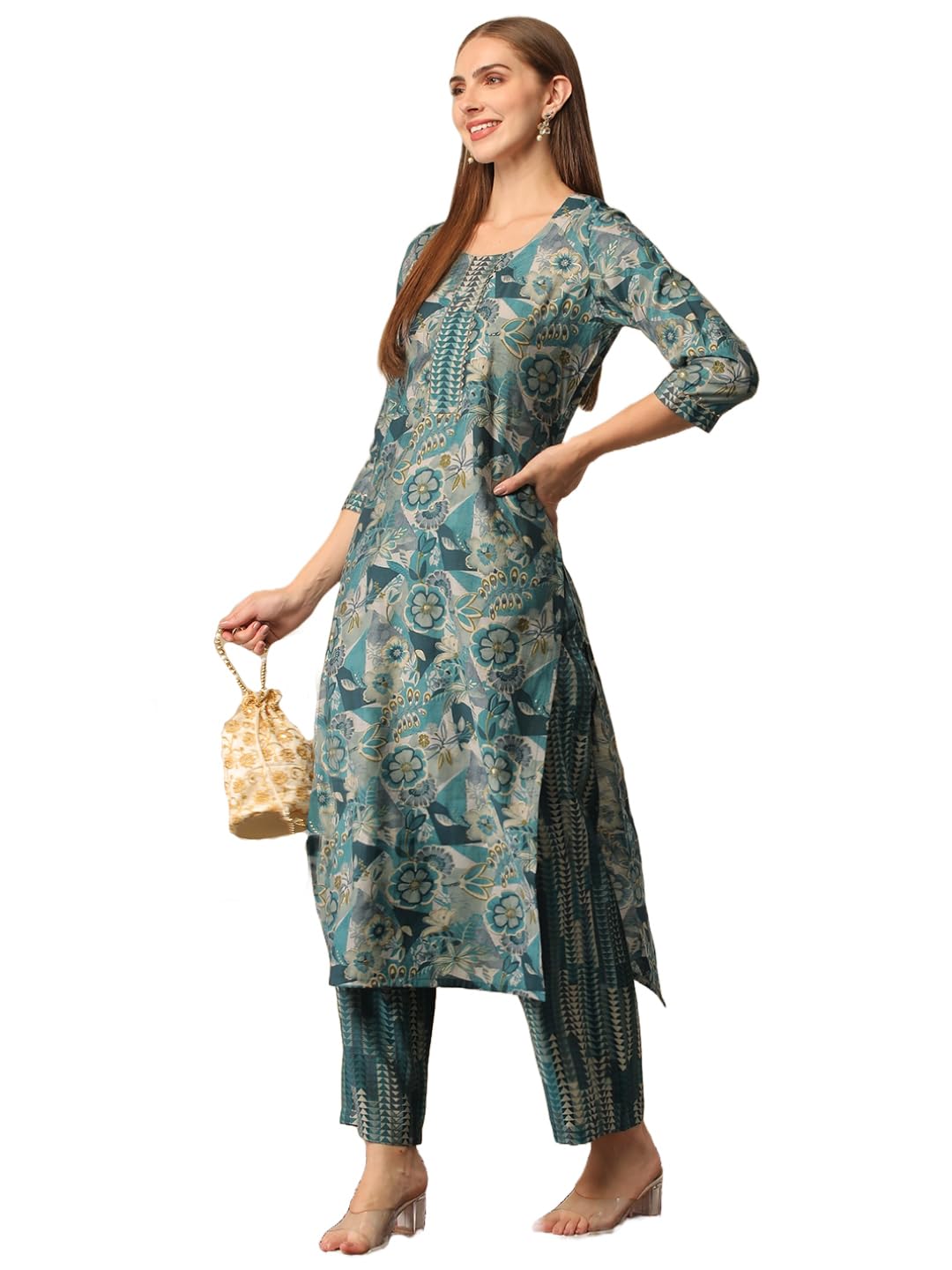 ANNI DESIGNER Womens Cotton Blend Straight Printed Kurta with Palazzo (Kanjirang Blue-NJ_M_Blue_Medium)